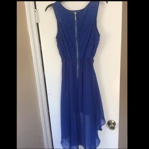 Long in back short in font blue dress